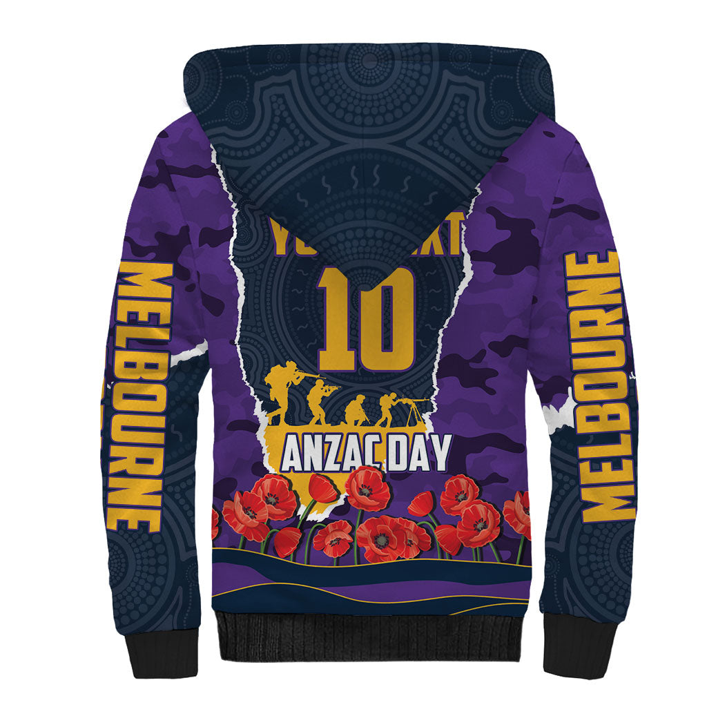 Personalized Melbourne Storm ANZAC Tribute Sherpa Hoodie Poppy Field Soldier Silhouette Aboriginal Rugby Mascot