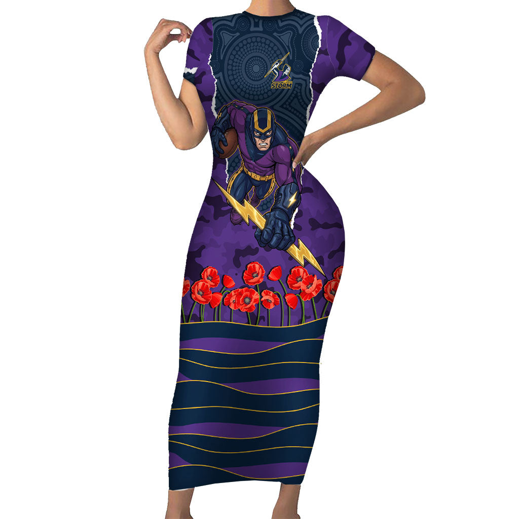 Personalized Melbourne Storm ANZAC Tribute Short Sleeve Bodycon Dress Poppy Field Soldier Silhouette Aboriginal Rugby Mascot