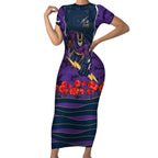 Personalized Melbourne Storm ANZAC Tribute Short Sleeve Bodycon Dress Poppy Field Soldier Silhouette Aboriginal Rugby Mascot