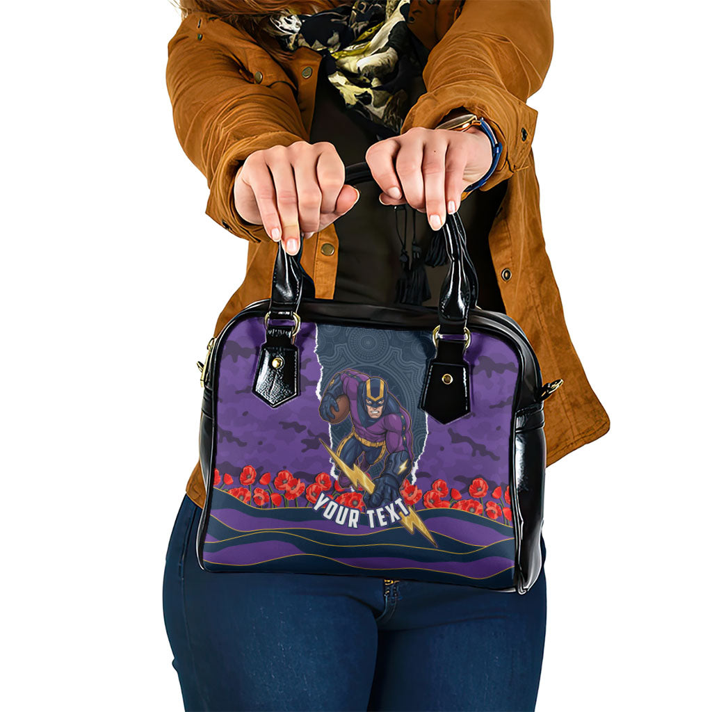 Personalized Melbourne Storm ANZAC Tribute Shoulder Handbag Poppy Field Soldier Silhouette Aboriginal Rugby Mascot