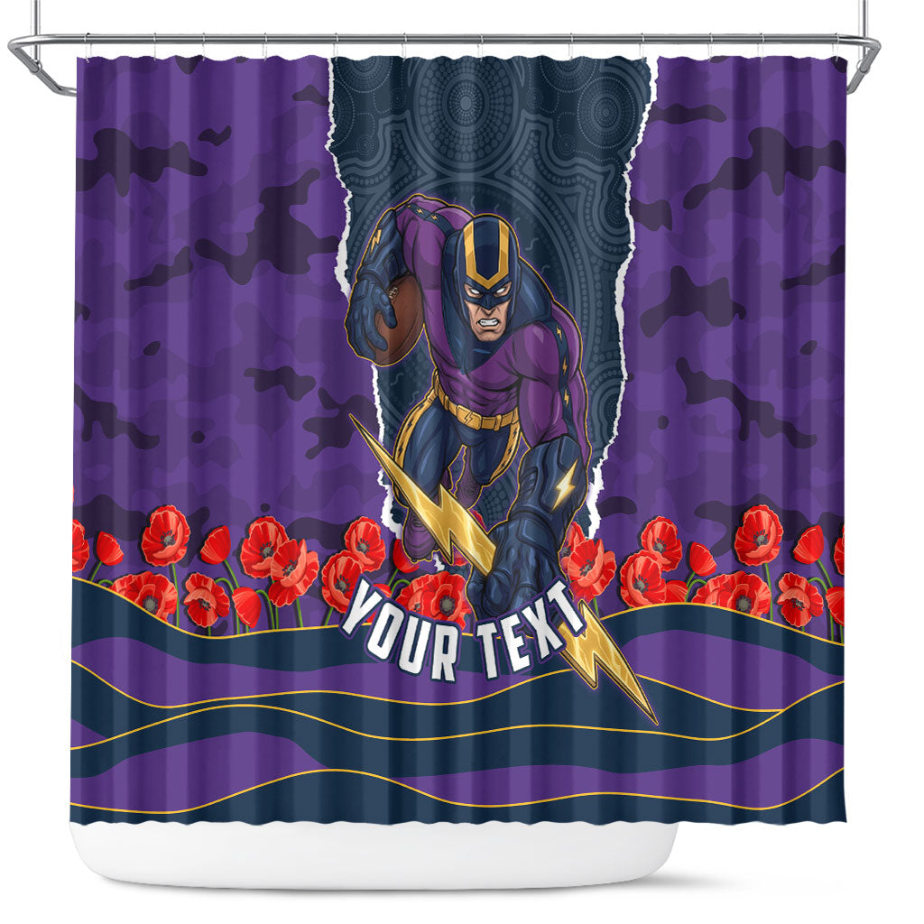 Personalized Melbourne Storm ANZAC Tribute Shower Curtain Poppy Field Soldier Silhouette Aboriginal Rugby Mascot