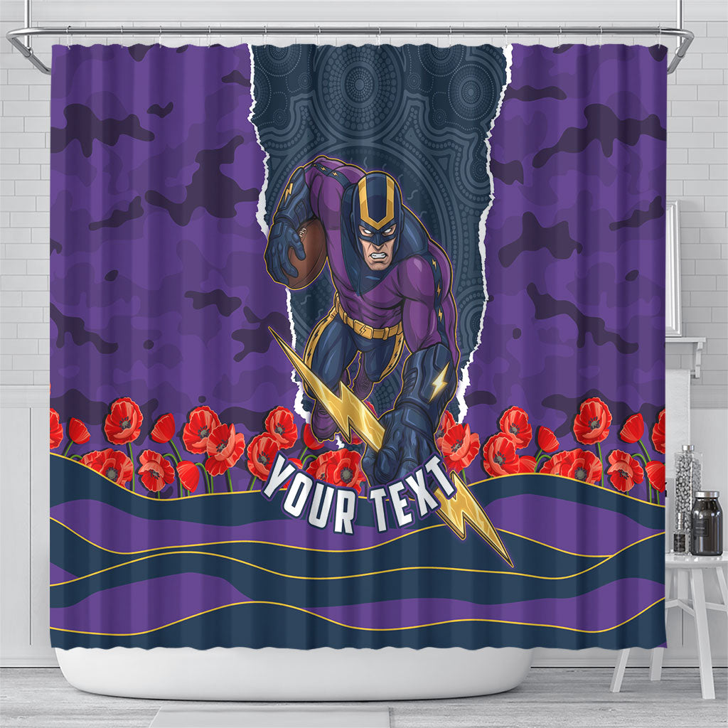 Personalized Melbourne Storm ANZAC Tribute Shower Curtain Poppy Field Soldier Silhouette Aboriginal Rugby Mascot