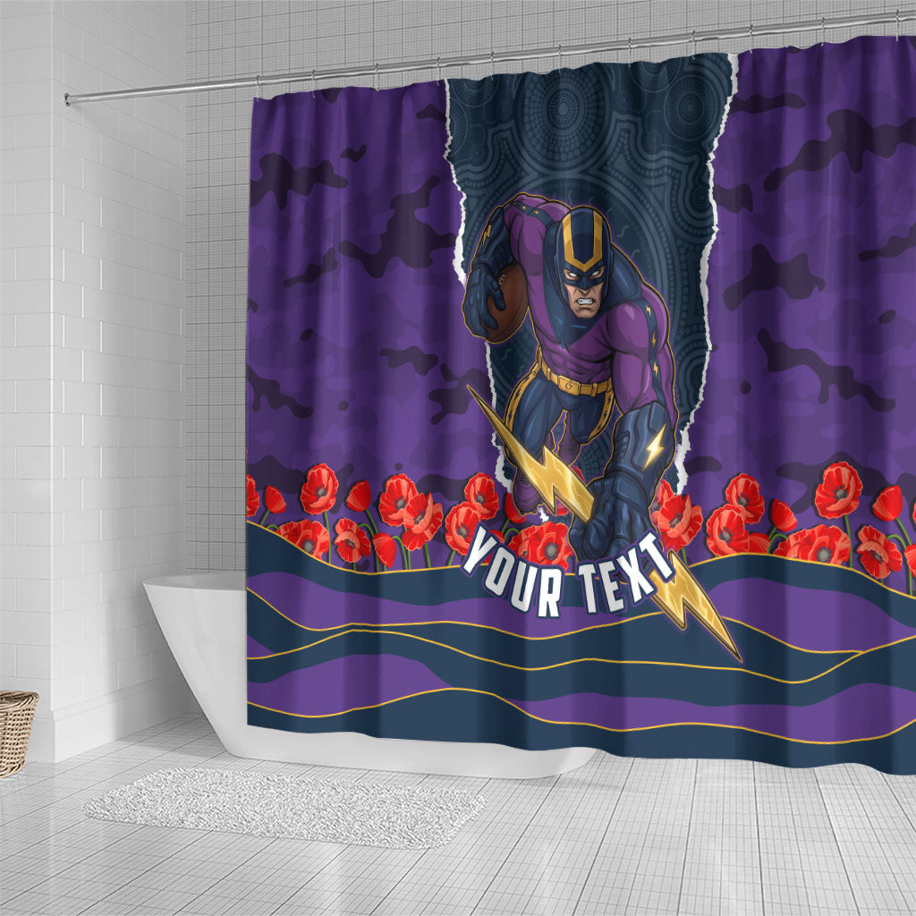 Personalized Melbourne Storm ANZAC Tribute Shower Curtain Poppy Field Soldier Silhouette Aboriginal Rugby Mascot