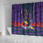 Personalized Melbourne Storm ANZAC Tribute Shower Curtain Poppy Field Soldier Silhouette Aboriginal Rugby Mascot