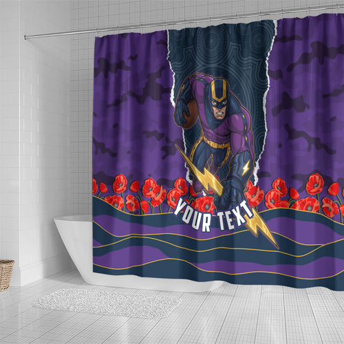 Personalized Melbourne Storm ANZAC Tribute Shower Curtain Poppy Field Soldier Silhouette Aboriginal Rugby Mascot