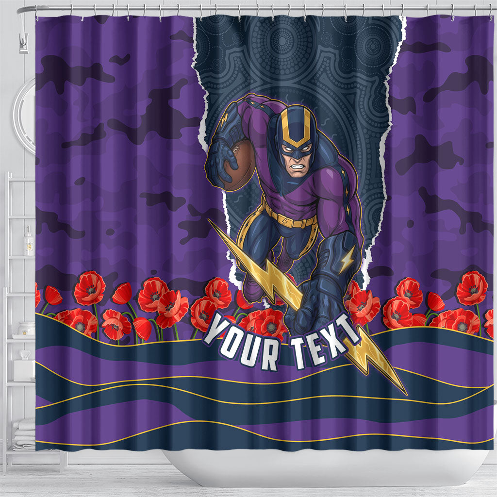 Personalized Melbourne Storm ANZAC Tribute Shower Curtain Poppy Field Soldier Silhouette Aboriginal Rugby Mascot