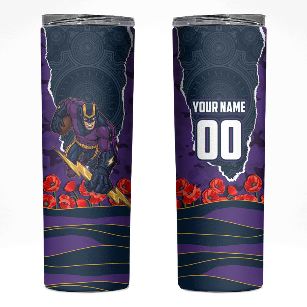 Personalized Melbourne Storm ANZAC Tribute Skinny Tumbler Poppy Field Soldier Silhouette Aboriginal Rugby Mascot