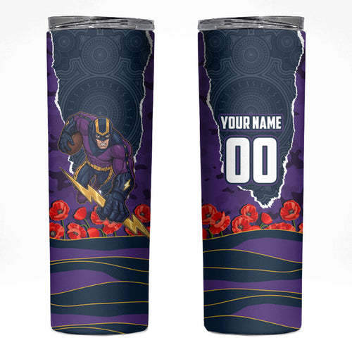 Personalized Melbourne Storm ANZAC Tribute Skinny Tumbler Poppy Field Soldier Silhouette Aboriginal Rugby Mascot