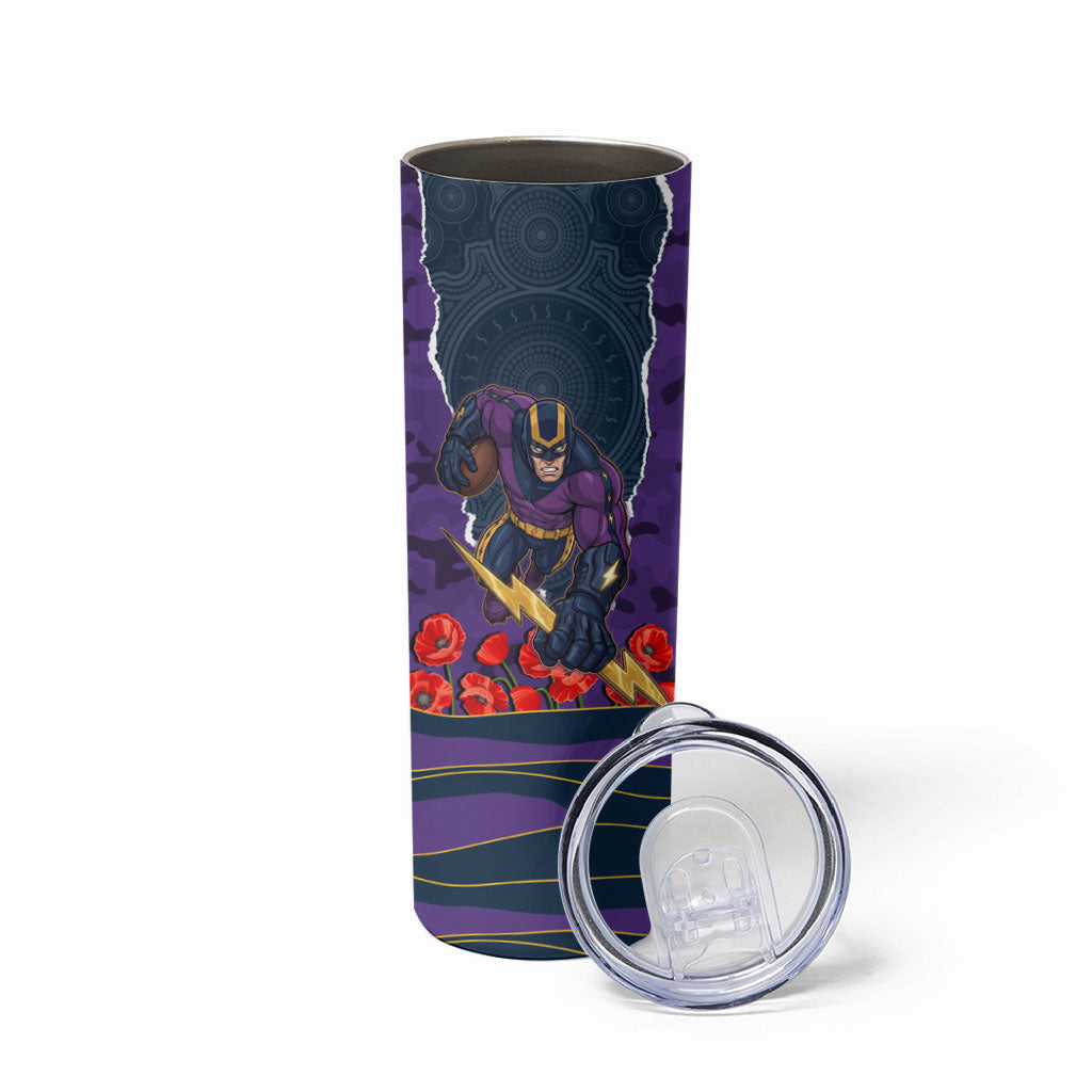 Personalized Melbourne Storm ANZAC Tribute Skinny Tumbler Poppy Field Soldier Silhouette Aboriginal Rugby Mascot