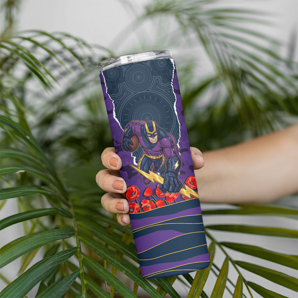 Personalized Melbourne Storm ANZAC Tribute Skinny Tumbler Poppy Field Soldier Silhouette Aboriginal Rugby Mascot
