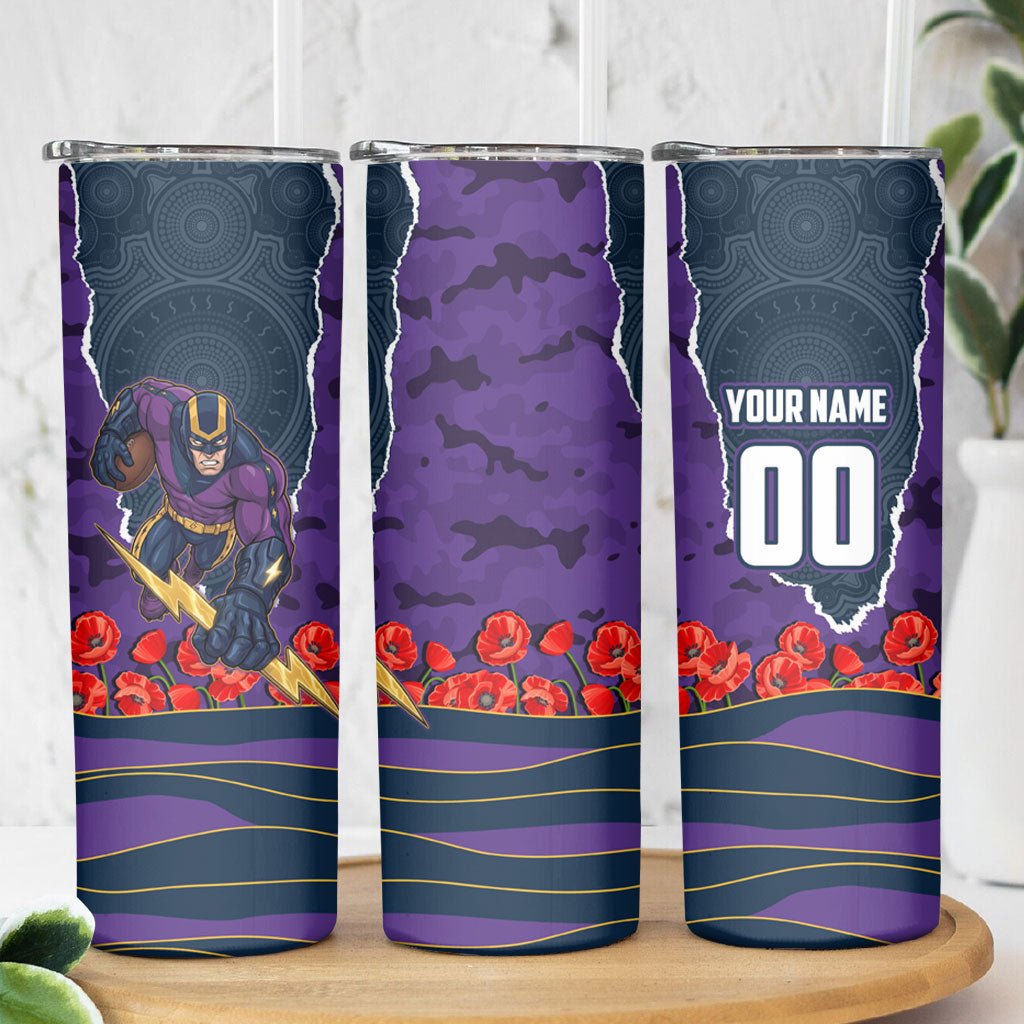 Personalized Melbourne Storm ANZAC Tribute Skinny Tumbler Poppy Field Soldier Silhouette Aboriginal Rugby Mascot