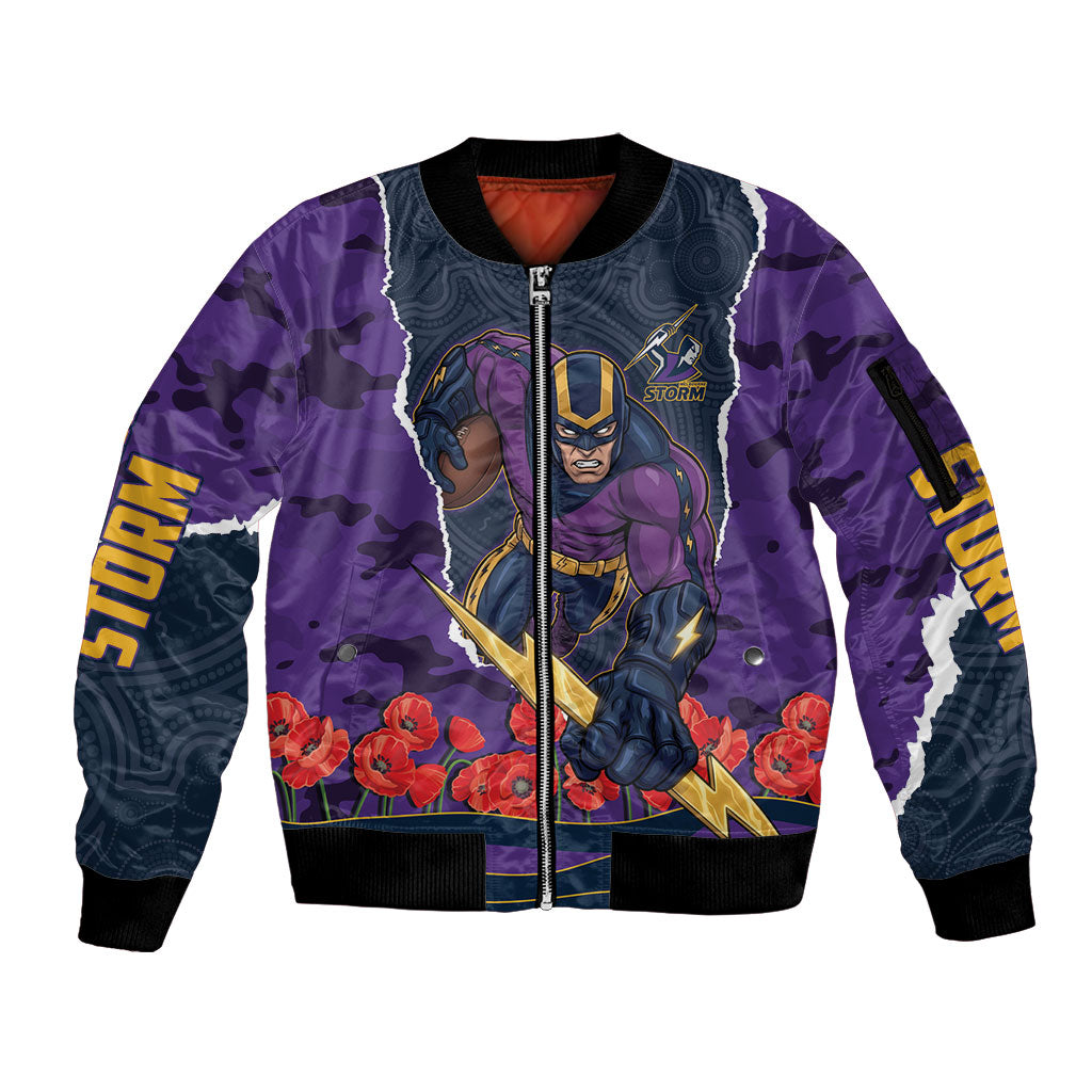 Personalized Melbourne Storm ANZAC Tribute Sleeve Zip Bomber Jacket Poppy Field Soldier Silhouette Aboriginal Rugby Mascot