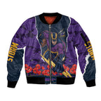 Personalized Melbourne Storm ANZAC Tribute Sleeve Zip Bomber Jacket Poppy Field Soldier Silhouette Aboriginal Rugby Mascot