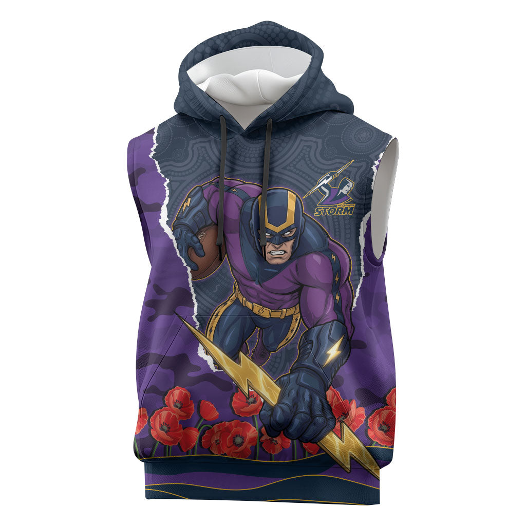 Personalized Melbourne Storm ANZAC Tribute Sleeveless Hoodie Poppy Field Soldier Silhouette Aboriginal Rugby Mascot