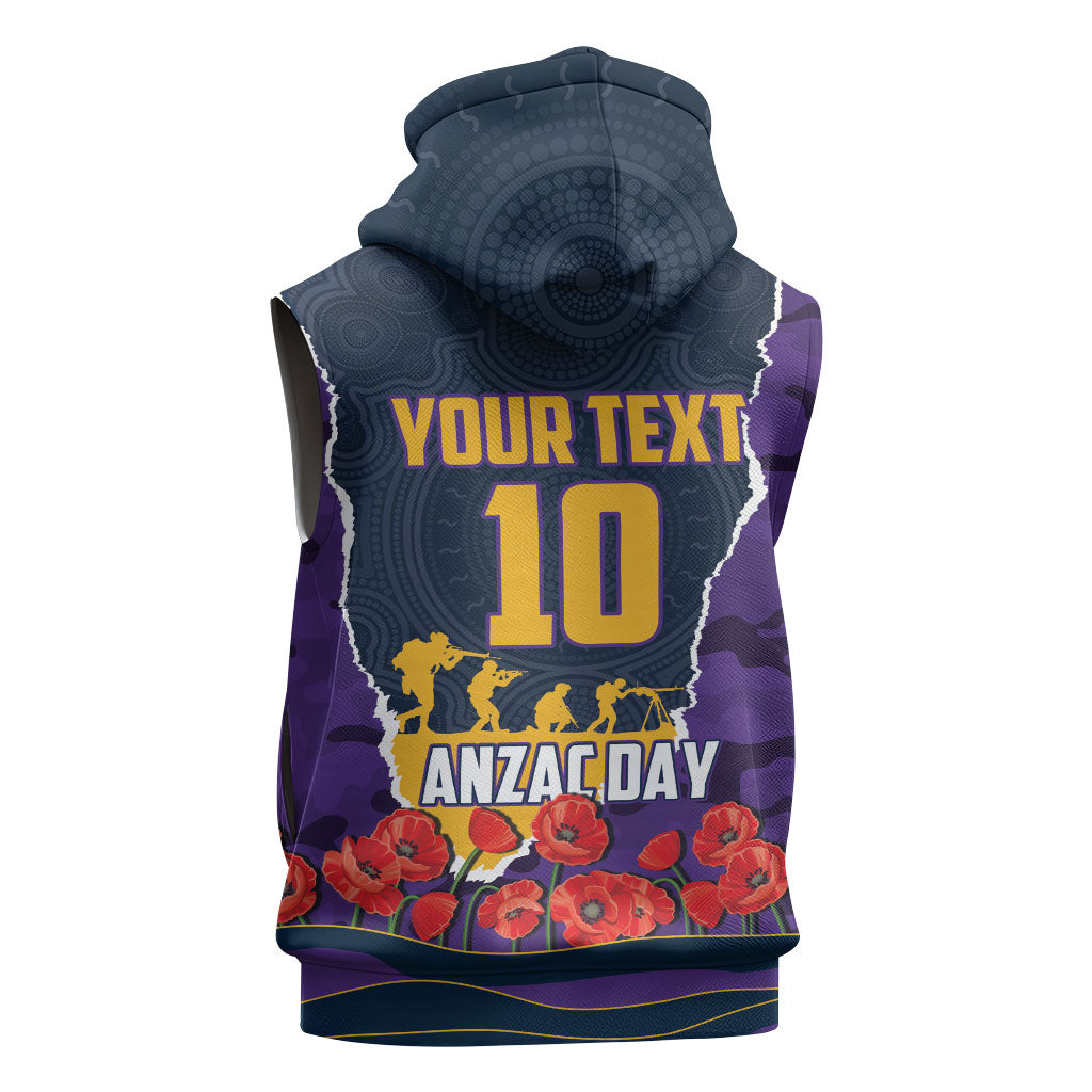 Personalized Melbourne Storm ANZAC Tribute Sleeveless Hoodie Poppy Field Soldier Silhouette Aboriginal Rugby Mascot