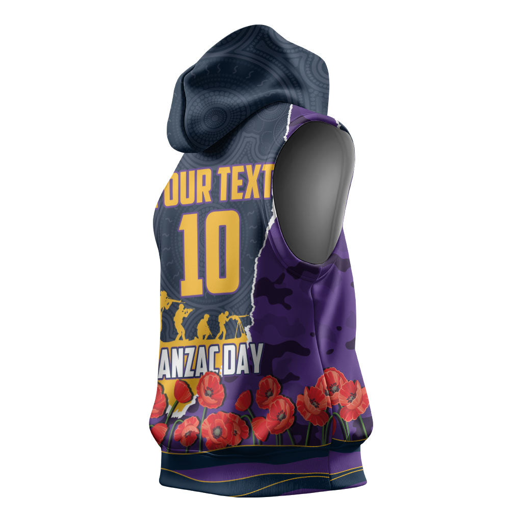 Personalized Melbourne Storm ANZAC Tribute Sleeveless Hoodie Poppy Field Soldier Silhouette Aboriginal Rugby Mascot