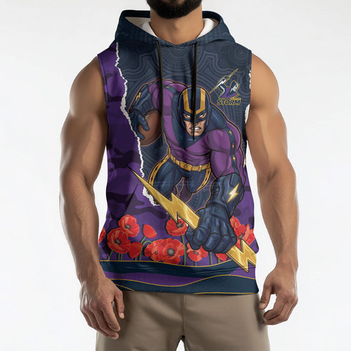 Personalized Melbourne Storm ANZAC Tribute Sleeveless Hoodie Poppy Field Soldier Silhouette Aboriginal Rugby Mascot