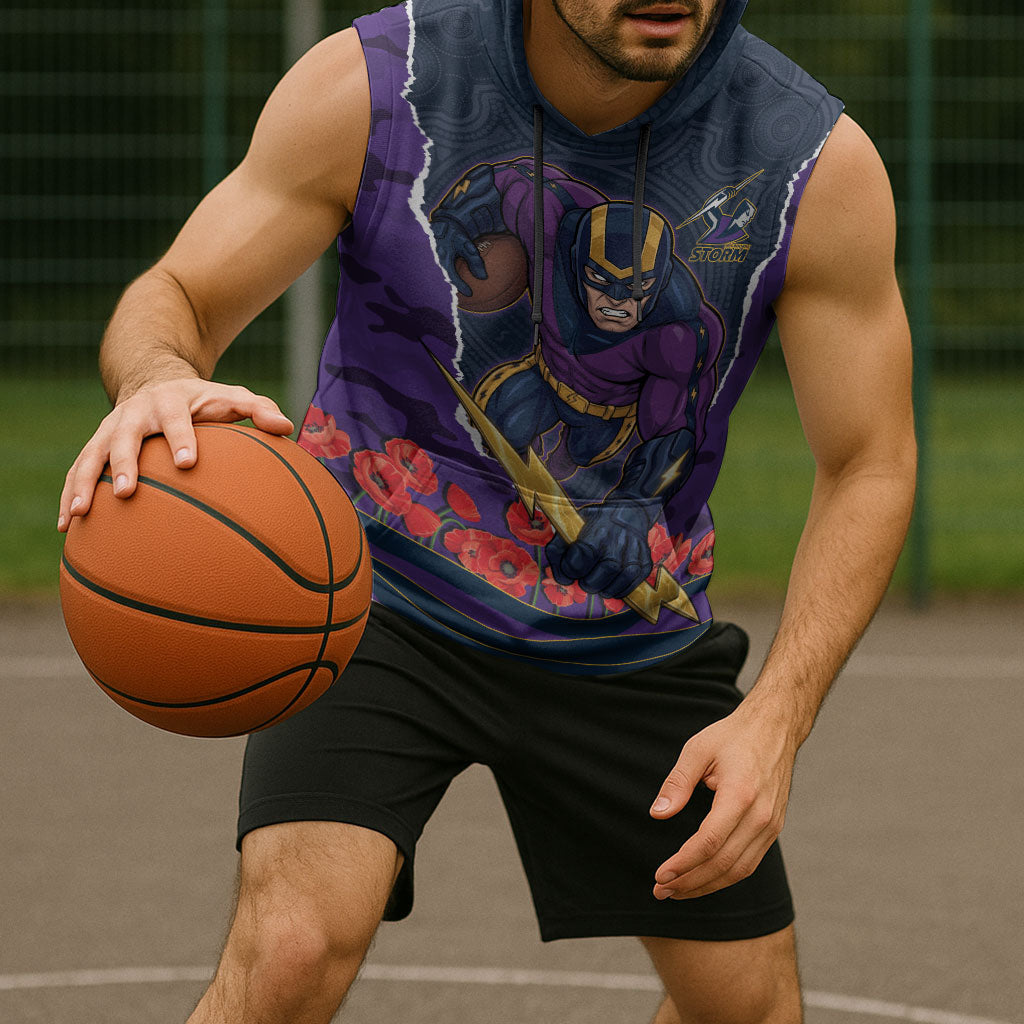 Personalized Melbourne Storm ANZAC Tribute Sleeveless Hoodie Poppy Field Soldier Silhouette Aboriginal Rugby Mascot