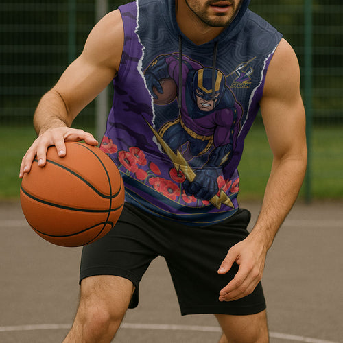 Personalized Melbourne Storm ANZAC Tribute Sleeveless Hoodie Poppy Field Soldier Silhouette Aboriginal Rugby Mascot