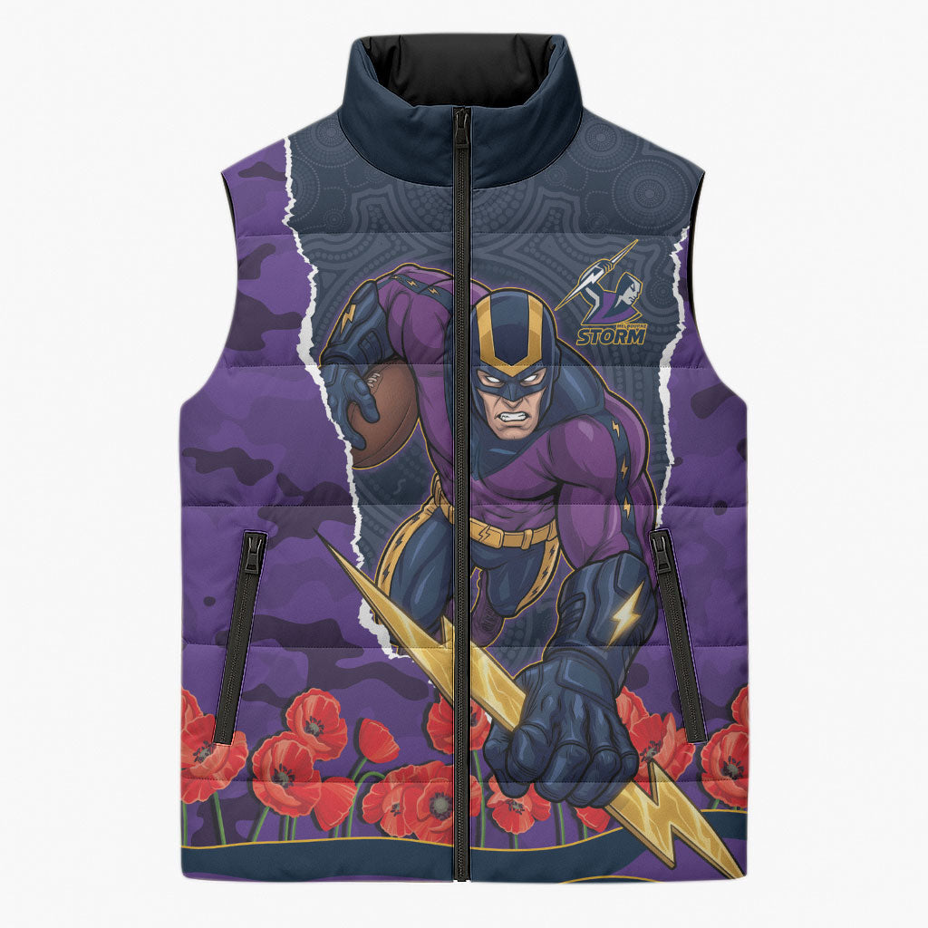 Personalized Melbourne Storm ANZAC Tribute Sleeveless Puffer Jacket Poppy Field Soldier Silhouette Aboriginal Rugby Mascot