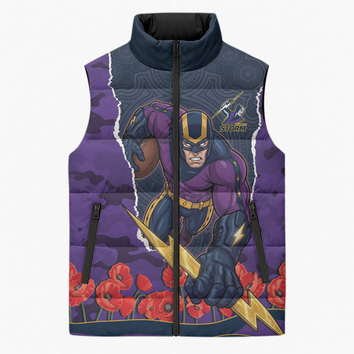 Personalized Melbourne Storm ANZAC Tribute Sleeveless Puffer Jacket Poppy Field Soldier Silhouette Aboriginal Rugby Mascot
