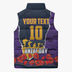 Personalized Melbourne Storm ANZAC Tribute Sleeveless Puffer Jacket Poppy Field Soldier Silhouette Aboriginal Rugby Mascot