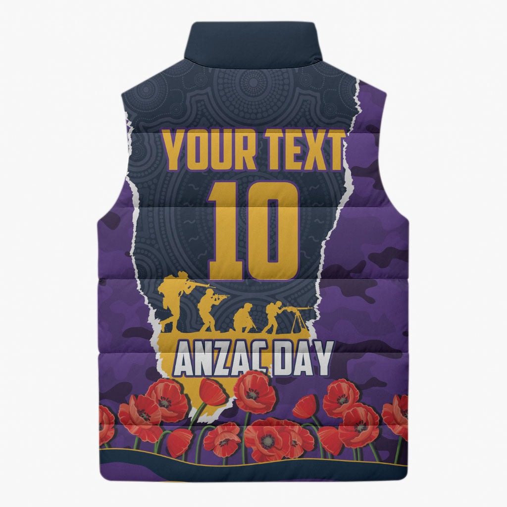 Personalized Melbourne Storm ANZAC Tribute Sleeveless Puffer Jacket Poppy Field Soldier Silhouette Aboriginal Rugby Mascot
