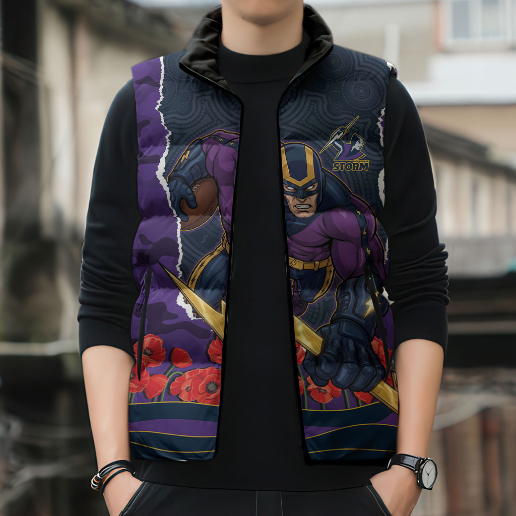 Personalized Melbourne Storm ANZAC Tribute Sleeveless Puffer Jacket Poppy Field Soldier Silhouette Aboriginal Rugby Mascot