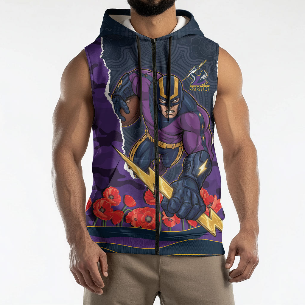 Personalized Melbourne Storm ANZAC Tribute Sleeveless Zip Hoodie Poppy Field Soldier Silhouette Aboriginal Rugby Mascot
