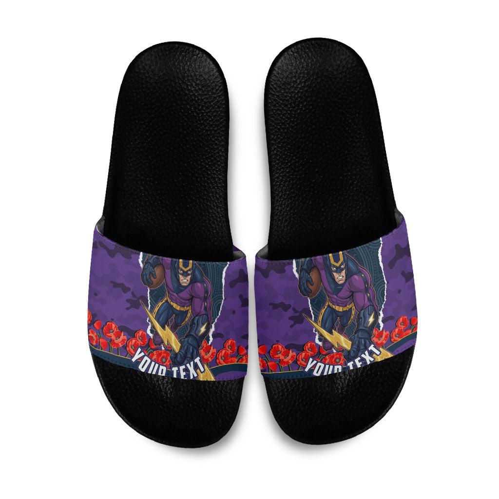 Personalized Melbourne Storm ANZAC Tribute Slide Sandals Poppy Field Soldier Silhouette Aboriginal Rugby Mascot