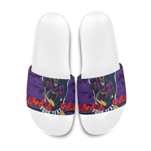 Personalized Melbourne Storm ANZAC Tribute Slide Sandals Poppy Field Soldier Silhouette Aboriginal Rugby Mascot
