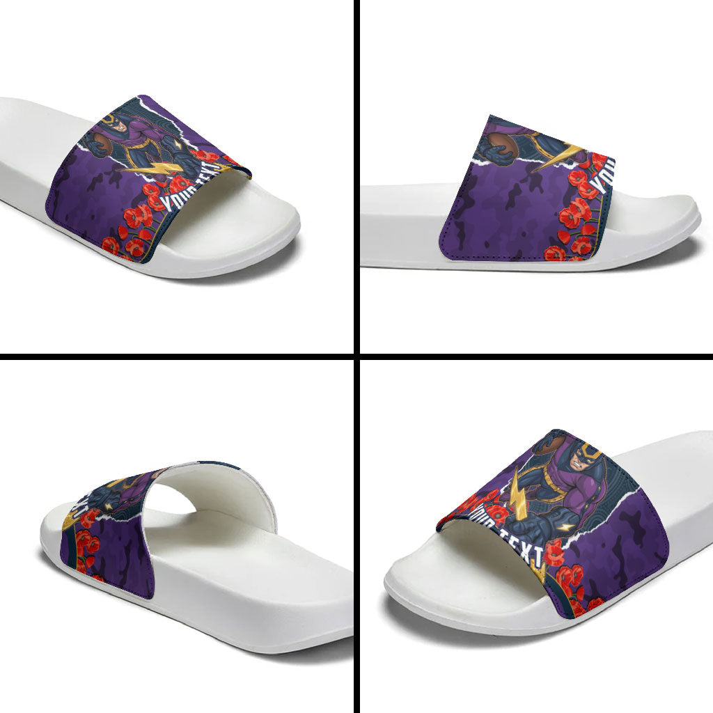 Personalized Melbourne Storm ANZAC Tribute Slide Sandals Poppy Field Soldier Silhouette Aboriginal Rugby Mascot