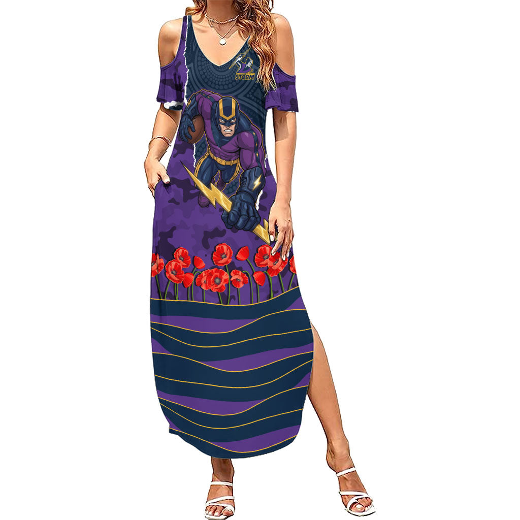 Personalized Melbourne Storm ANZAC Tribute Summer Maxi Dress Poppy Field Soldier Silhouette Aboriginal Rugby Mascot