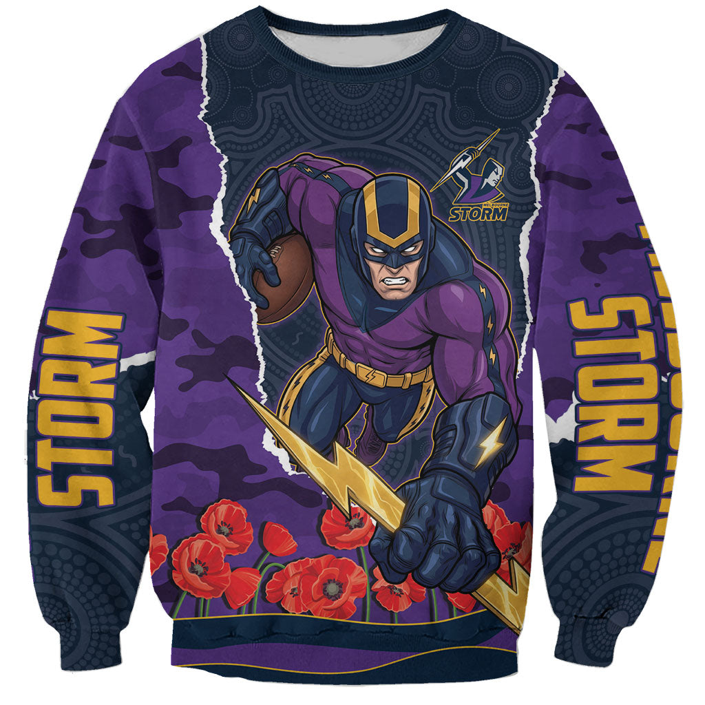 Personalized Melbourne Storm ANZAC Tribute Sweatshirt Poppy Field Soldier Silhouette Aboriginal Rugby Mascot