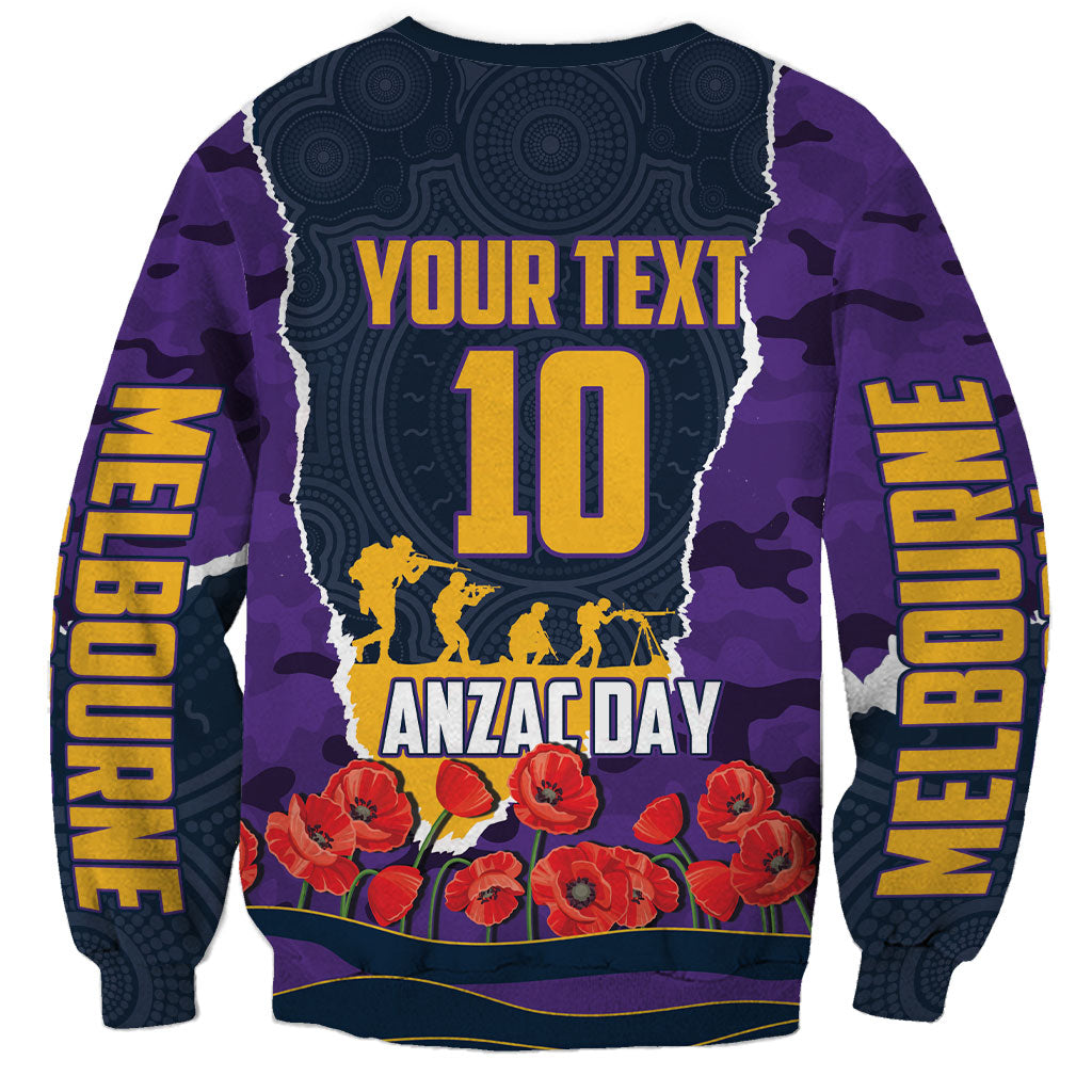 Personalized Melbourne Storm ANZAC Tribute Sweatshirt Poppy Field Soldier Silhouette Aboriginal Rugby Mascot
