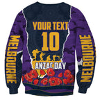 Personalized Melbourne Storm ANZAC Tribute Sweatshirt Poppy Field Soldier Silhouette Aboriginal Rugby Mascot