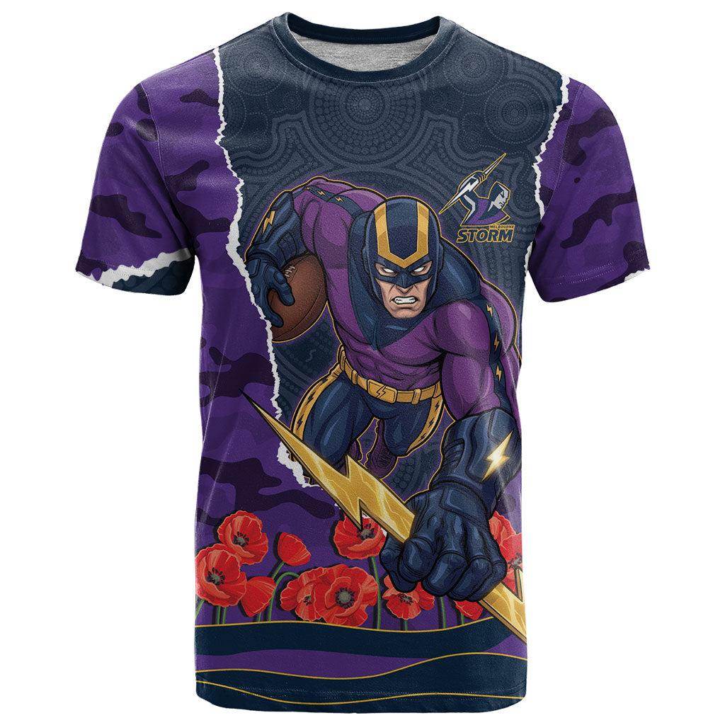 Personalized Melbourne Storm ANZAC Tribute T Shirt Poppy Field Soldier Silhouette Aboriginal Rugby Mascot