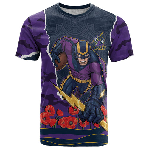 Personalized Melbourne Storm ANZAC Tribute T Shirt Poppy Field Soldier Silhouette Aboriginal Rugby Mascot