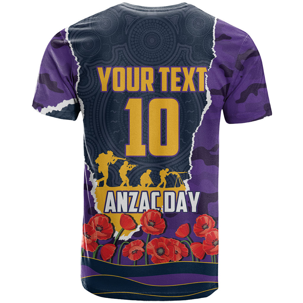 Personalized Melbourne Storm ANZAC Tribute T Shirt Poppy Field Soldier Silhouette Aboriginal Rugby Mascot