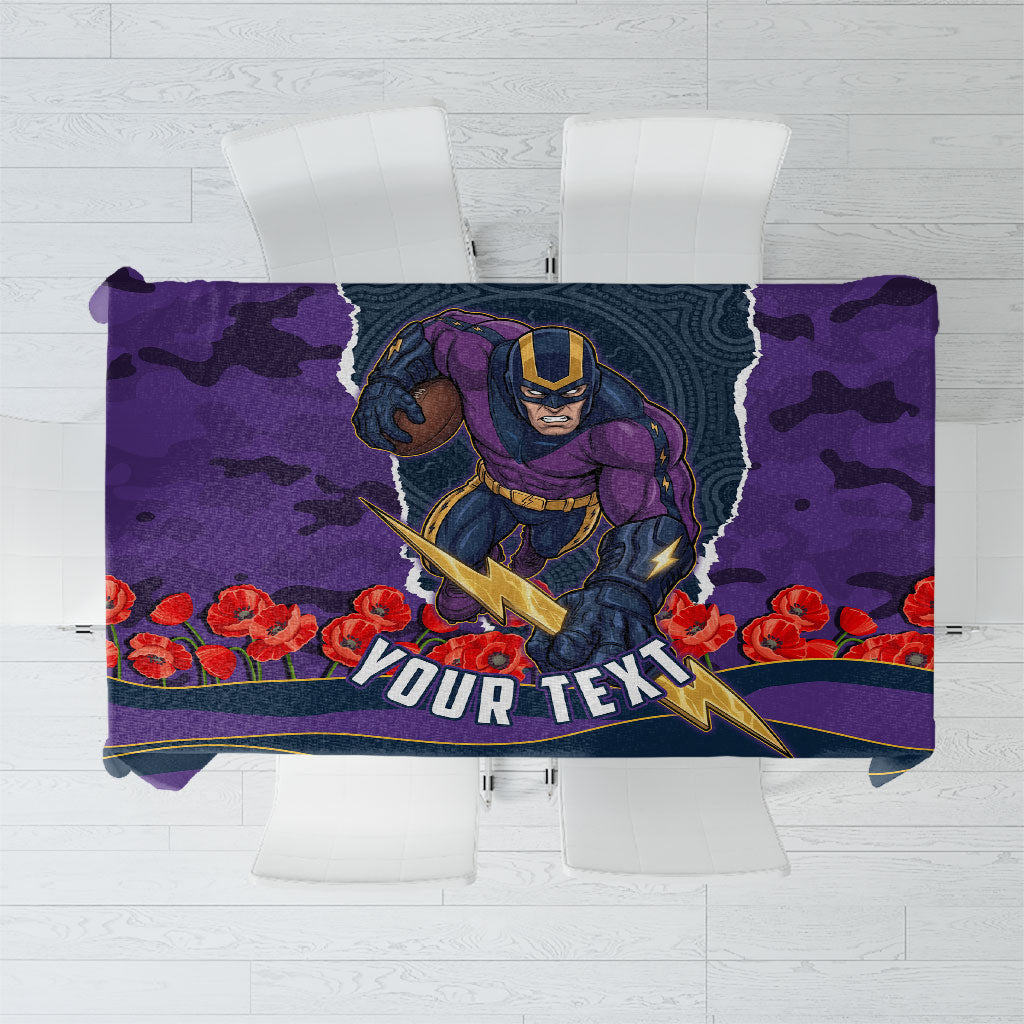 Personalized Melbourne Storm ANZAC Tribute Tablecloth Poppy Field Soldier Silhouette Aboriginal Rugby Mascot