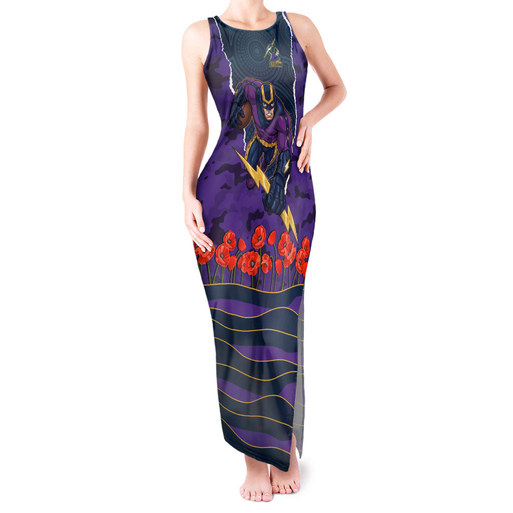 Personalized Melbourne Storm ANZAC Tribute Tank Maxi Dress Poppy Field Soldier Silhouette Aboriginal Rugby Mascot
