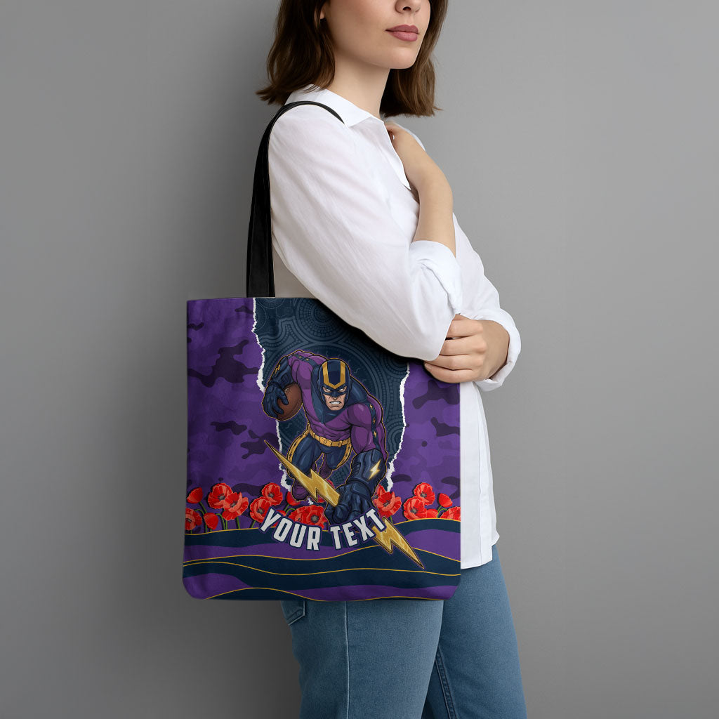 Personalized Melbourne Storm ANZAC Tribute Tote Bag Poppy Field Soldier Silhouette Aboriginal Rugby Mascot