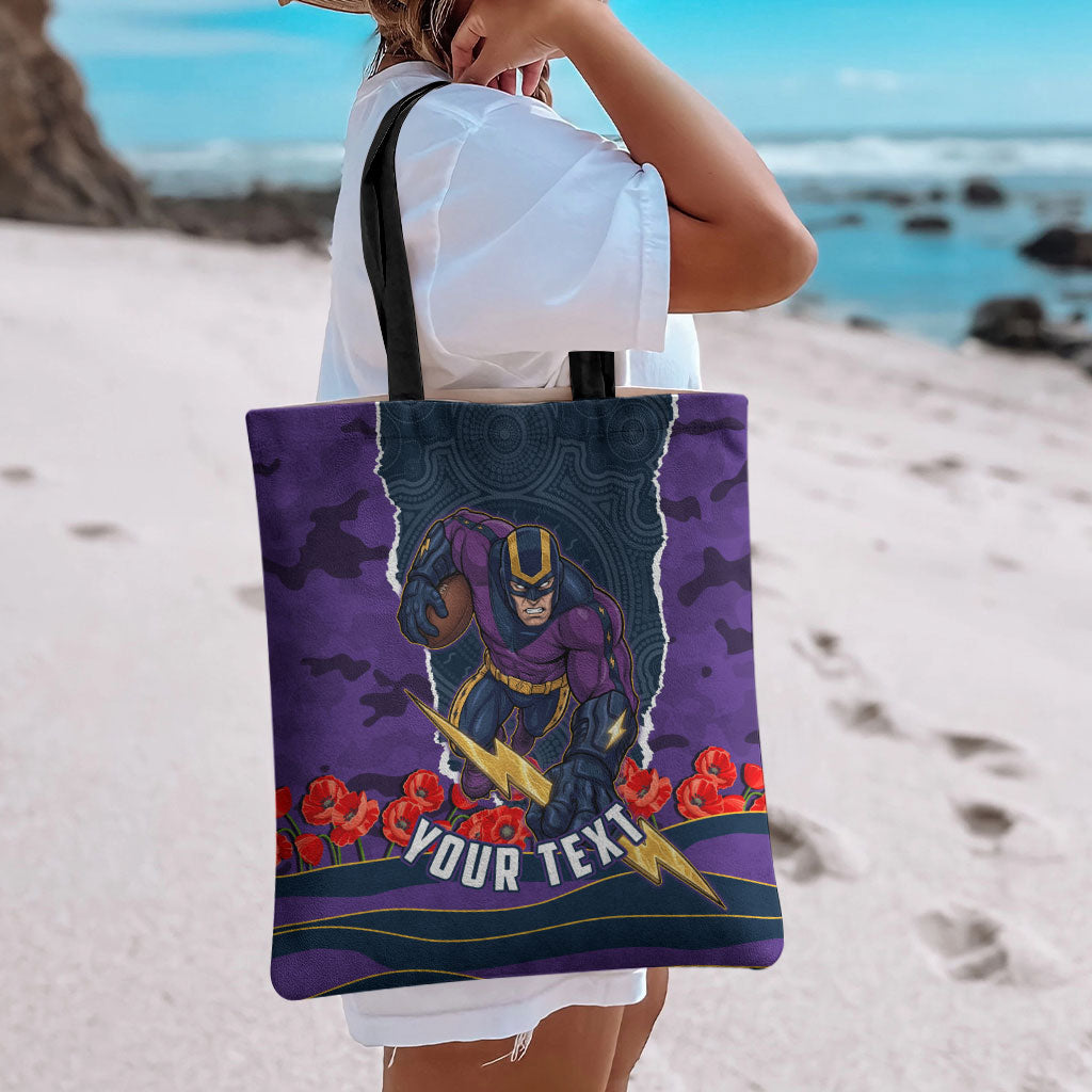Personalized Melbourne Storm ANZAC Tribute Tote Bag Poppy Field Soldier Silhouette Aboriginal Rugby Mascot