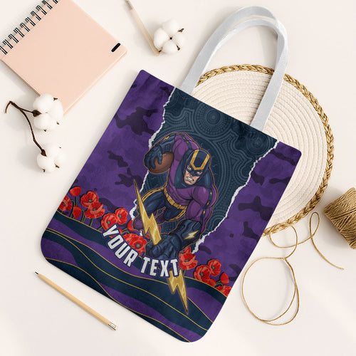 Personalized Melbourne Storm ANZAC Tribute Tote Bag Poppy Field Soldier Silhouette Aboriginal Rugby Mascot