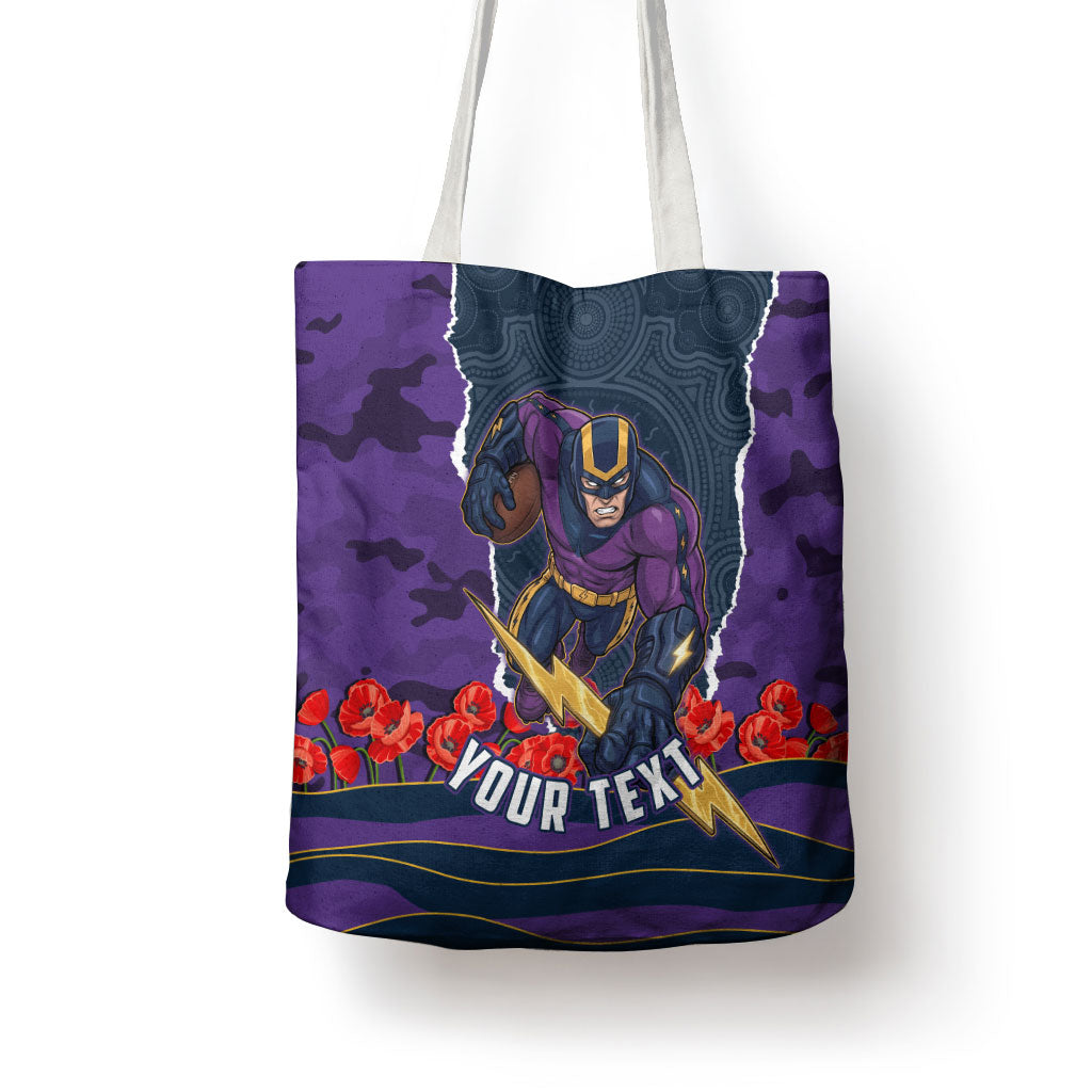 Personalized Melbourne Storm ANZAC Tribute Tote Bag Poppy Field Soldier Silhouette Aboriginal Rugby Mascot