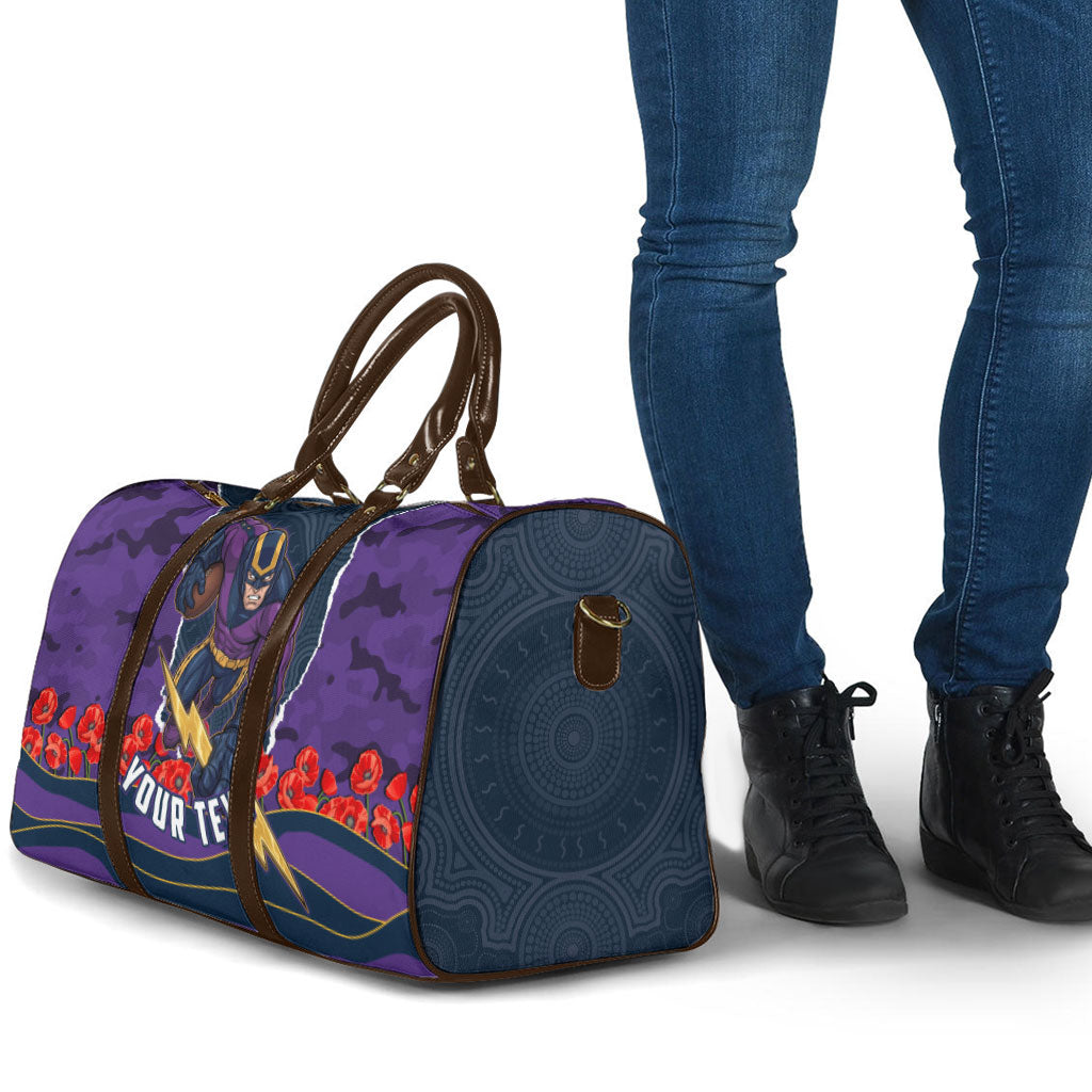 Personalized Melbourne Storm ANZAC Tribute Travel Bag Poppy Field Soldier Silhouette Aboriginal Rugby Mascot