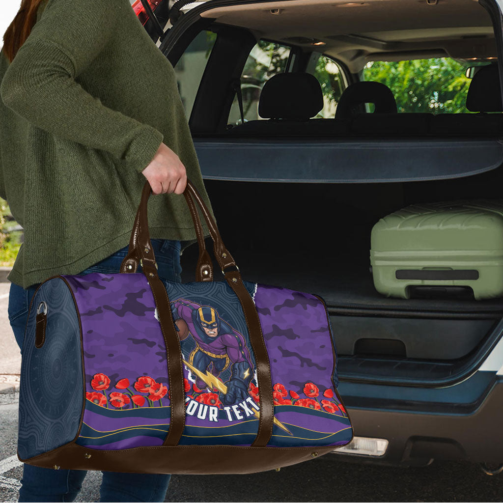 Personalized Melbourne Storm ANZAC Tribute Travel Bag Poppy Field Soldier Silhouette Aboriginal Rugby Mascot