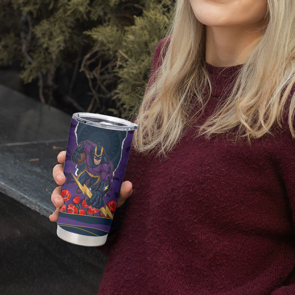 Personalized Melbourne Storm ANZAC Tribute Tumbler Cup Poppy Field Soldier Silhouette Aboriginal Rugby Mascot