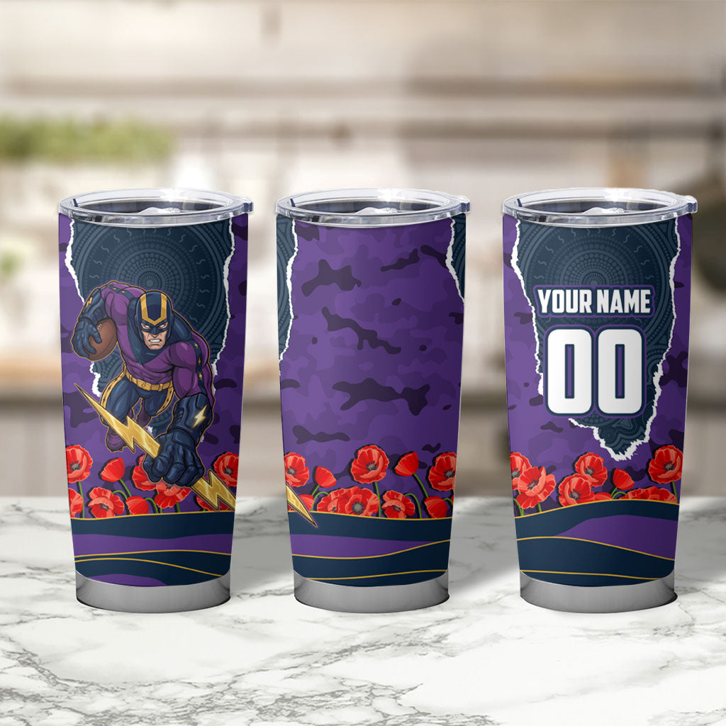 Personalized Melbourne Storm ANZAC Tribute Tumbler Cup Poppy Field Soldier Silhouette Aboriginal Rugby Mascot