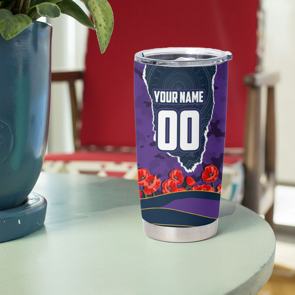 Personalized Melbourne Storm ANZAC Tribute Tumbler Cup Poppy Field Soldier Silhouette Aboriginal Rugby Mascot